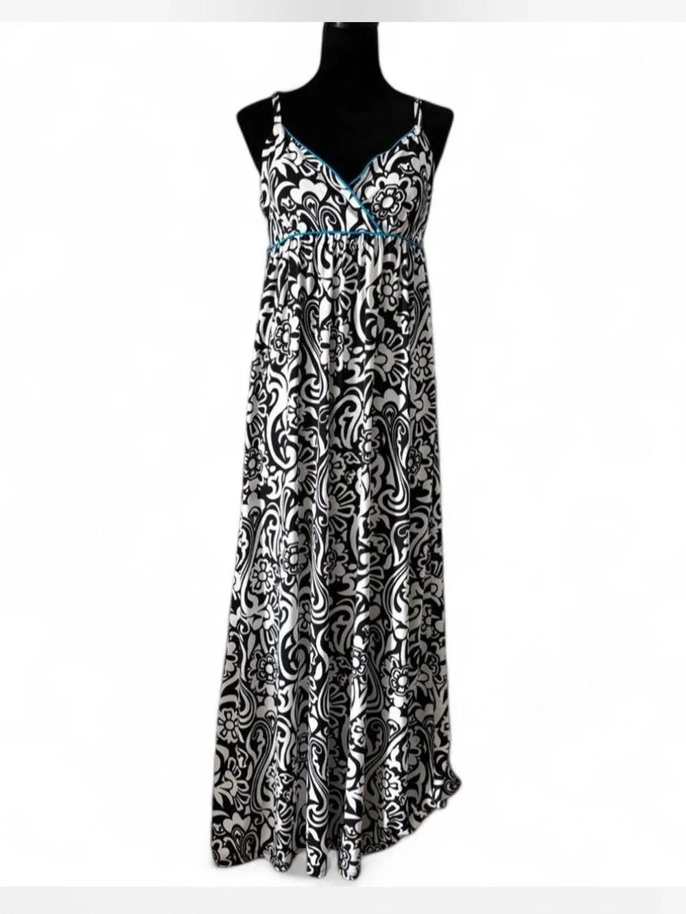 INC International Concepts Black & White Printed Maxi Dress with Teal Trim